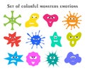 Set of colorful monsters with different emotions. Fantasy cute cartoon characters in flat style. Funny comic emoticons Royalty Free Stock Photo