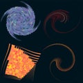 set of colorful, multicolor and monochrome cyclic, cycle concentric rings. revolved spirals, vortexes, swirl, spirals and twirls.