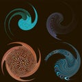 set of colorful, multicolor and monochrome cyclic, cycle concentric rings. revolved spirals, vortexes, swirl, spirals and twirls.