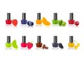 Set of colorful nail polishes with fruits and berries