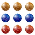 Set of colorful new year balls with different ornaments. Christmas tree toys for banners, posters, greeting cards Royalty Free Stock Photo