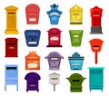 Set of colorful outdoor mail boxes. Vintage post boxes cartoon vector