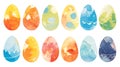 Set of colorful painted eggs watercolor illustration. Easter clip art. Artistic isolated elements for springtime Easter design