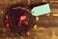 Set with colorful eggs inside nest. Happy Easter concept