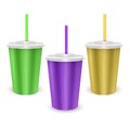 Set of colorful paper disposable cup with lid and drinking straw for cold beverage -soda, ice tea or cocktail, Realistic packaging