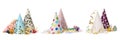 Set with colorful party hats, blowers and streamers on white background. Banner design Royalty Free Stock Photo