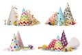 Set with colorful party hats, blowers and streamers on white background. Banner design Royalty Free Stock Photo