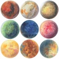 Set of colorful planets isolated on white background. Watercolor hand drawn abstract planet balls magic art work illustration. Col Royalty Free Stock Photo