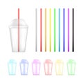 Set of colorful plastic empty disposable cup and colorful straws. Vector illustration isolated on white background Royalty Free Stock Photo