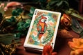 Set of colorful playing cards with a picture of a parrot. AI-generated.