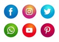 Set of colorful popular social media icons logos Facebook Instagram Twitter WhatsApp Youtube pinterest element vector.
