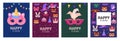 Set of colorful poster or vertical banners about Happy Purim flat style