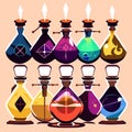 Set of colorful potion bottles. Vector illustration in flat cartoon style. AI generated