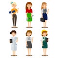 Set of colorful profession woman flat style icons engineer, a housewife, a yoga instructor, researcher, entrepreneur