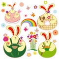 Set of colorful rabbit and springtime floral