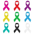 Set, colorful realistic ribbons on white background. Symbol ribbons for awareness with shadow. Royalty Free Stock Photo