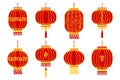 Set of colorful red Chinese lanterns with golden dragons and ornaments. Decor elements vector