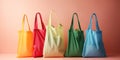 A set of colorful, reusable shopping bags displayed on a bright background, promoting eco-friendliness, concept of