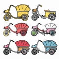 Set colorful rickshaw vector illustrations, handdrawn Asian transportation, vibrant tricycle taxi
