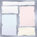 Set of colorful ripped paper strips, torn note paper for text or message are on blue squared background. Vector