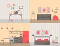 Set of Colorful Room Interiors with Furniture Icons: Living Room