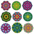 Set of 9 colorful round ornaments, kaleidoscope floral Royalty Free Stock Photo