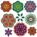 Set of 9 colorful round ornaments, kaleidoscope floral patterns. Royalty Free Stock Photo