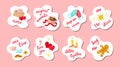 Set of colorful Saint Valentine`s Day stickers for lovers, in white clouds, special romantic hand lettering phrases, messages