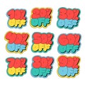 Set of colorful sale stickers in different comics style shapes. Retro shop product tags. 5 percent, 10, 20, 30, 40, 50 Royalty Free Stock Photo