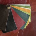 Set of colorful samples of genuine leather, colors and texture samples, abstract background. Manufacturing concept Royalty Free Stock Photo