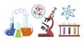Set of colorful scientific experiments in cartoon style. Vector illustration of flasks and potions with mixed substances