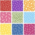 Set of colorful seamless floral patterns - hand drawn design. Repeatable spring nature backgrounds with branches and Royalty Free Stock Photo