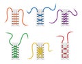 Set of colorful shoelaces untied and laced in holes with various methods or techniques Royalty Free Stock Photo