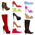 Set of colorful shoes and boots for women isolated on white background. Collection for shops and fashion cartoon style
