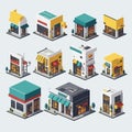 Set of colorful shop buildings isometric illustration