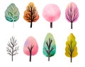 Set of colorful side view trees isolated on white background. Watercolor stylized trees