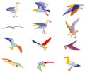 Set of colorful silhouettes of seagulls