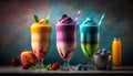 Set of colorful smoothies in transparent glasses, mugs. Delicious layered fruit dessert in different colors on dark background.