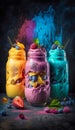 Set of colorful smoothies in transparent glasses, mugs. Delicious layered fruit dessert in different colors on dark background.