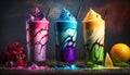 Set of colorful smoothies in transparent glasses, mugs. Delicious layered fruit dessert in different colors on dark background.