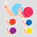 Collection of colorful snail stickers. Cute cartoon snail family on gray background. Use as stickers fridge magnets