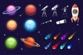 Set of colorful space icon planet spaceship, telescope ,asteroid and others flat vector illustration on dark background