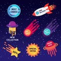 Set of colorful space stickers, banners. Best choice, new collection, special offer, free delivery, hot sale. Vector