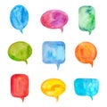 Set of Colorful Speech Bubbles or Conversation Clouds. Painted by Watercolor and Isolated on White Royalty Free Stock Photo