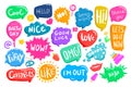 Set of colorful speech bubbles with phrases. Creative shapes, boxes with place for text. Chat, message, stories