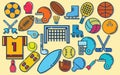 Set of colorful sport balls and gaming items at a turquoise background. Balls for rugby, volleyball, basketball, football, basebal