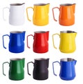 Set of colorful Stainless Steel Milk Pitchers/Jugs.