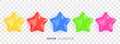 Set of colorful stars. Collection of realistic 3D multicolored vector star shapes on transparent background Royalty Free Stock Photo