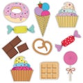 A set of colorful stickers with cake, ice cream , cupcakes, candy, donuts, chocolate, waffles, pretzel, Lollipop and other