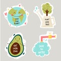 Set of colorful stickers with eco friendly slogans and illustrations